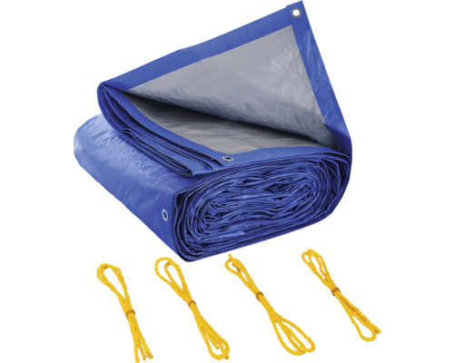 Bâche de protection bleue avec œillets et cordes de tension jaunes