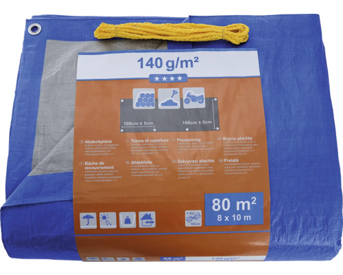 Bâche de protection bleue mesurant 8 mètres sur 10 mètres, avec un grammage de 140 grammes par mètre carré.