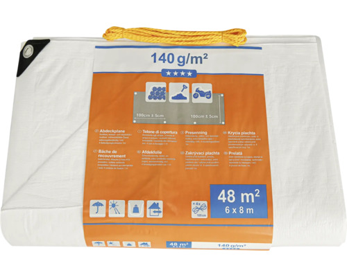 Weisse Abdeckplane, 6 mal 8 Meter, 140 Gramm pro Quadratmeter, inklusive Seil