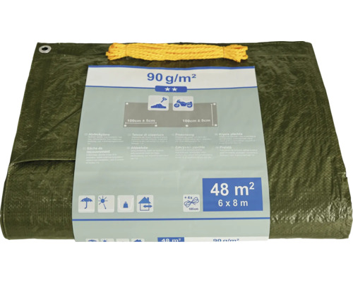 Grüne Abdeckplane mit einer Größe von 6 mal 8 Metern und einem Gewicht von 90 Gramm pro Quadratmeter, inklusive gelbem Seil.