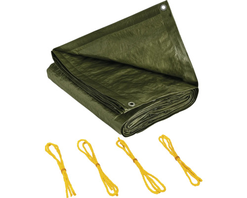 Grüne Abdeckplane mit Ösen und gelben Befestigungsseilen
