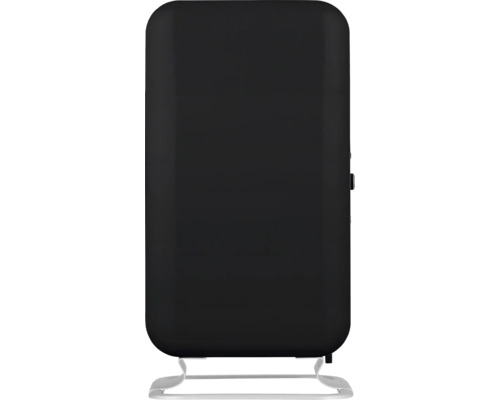 Schwarzer Heizkörper auf silberfarbenem Standfuß