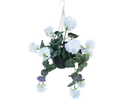 Fleur artificielle géranium dans un panier suspendu métal plastique 43 cm blanc Géranium retombant à fleurs blanches dans un panier suspendu