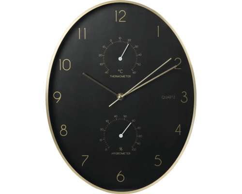 Horloge murale avec thermomètre & hygromètre noir doré 34,5x27,1 cm