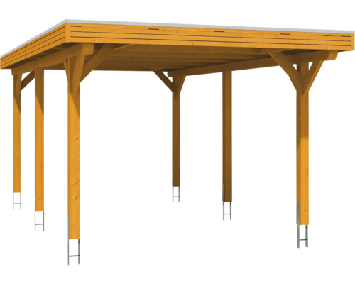 Carport en bois avec toit plat et ancrages de poteaux métalliques