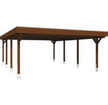 Carport en bois avec toit plat et plusieurs poteaux de soutien