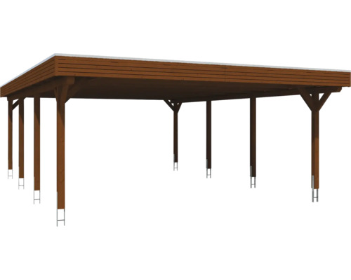 Carport en bois avec toit plat et plusieurs poteaux de soutien
