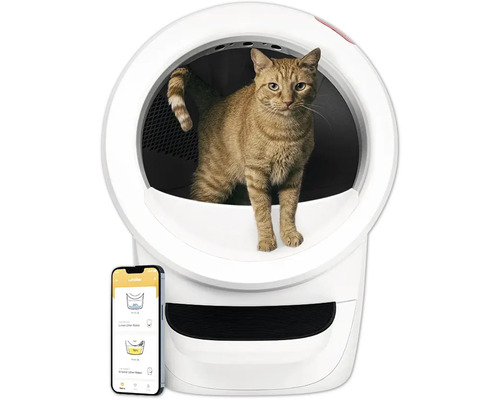 Katzentoilette Whisker Litter Robot 4, selbstreinigendes Katzenklo, WiFi, weiß, 69 x 56 x 75 cm smarte Katzentoilette Katze in selbstreinigender Katzentoilette neben einem Smartphone