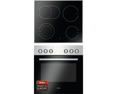 Ensemble cuisinière Amica avec plaque de cuisson vitrocéramique avec cadre en acier inoxydable EHC 933 011 E volume utile 65 l