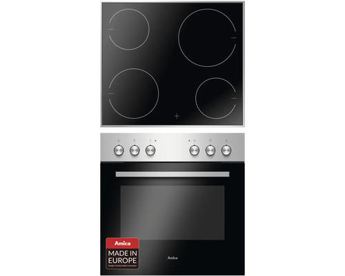 Ensemble cuisinière Amica avec plaque de cuisson vitrocéramique avec cadre en acier inoxydable EHC 933 021 E volume utile 65 l