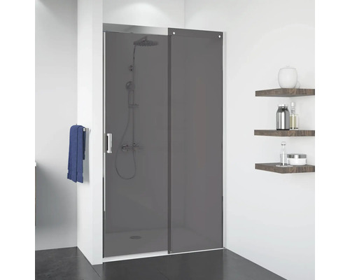 Porte coulissante pour niche Breuer Panorama 140 cm butée à droite, en verre décoratif gris, profilé couleur chrome Porte coulissante pour niche Breuer Panorama 140 cm butée à droite, en verre décoratif gris, profilé couleur chrome