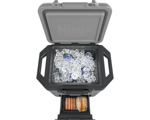 Geöffnete Kühlbox gefüllt mit Eis und Getränkedosen, darunter ein Fach mit Würstchen und Brötchen