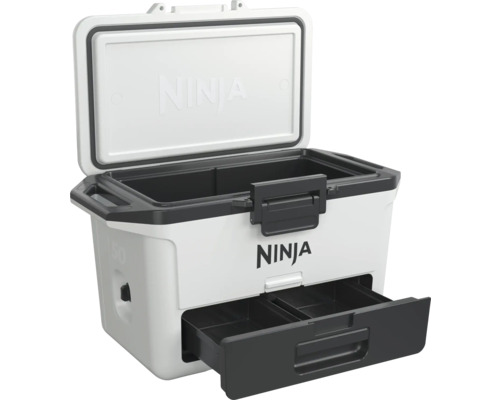 Weißer Kühlbehälter mit Schublade und offenem Deckel