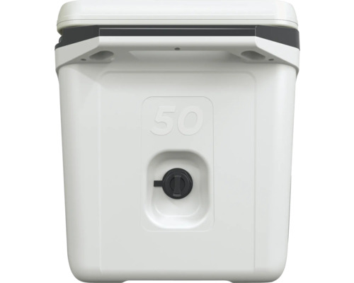 Weisse Kühlbox mit einem Fassungsvermögen von 50 Litern und einem Ablassventil.