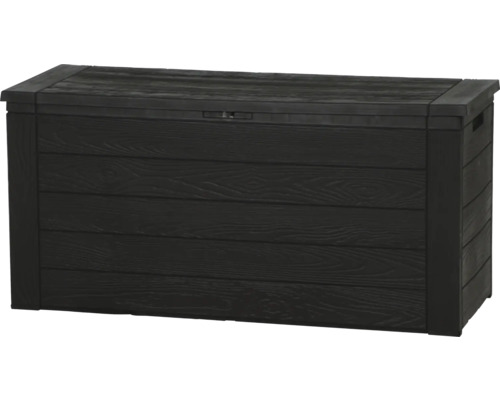 Schwarze Gartenbox mit Holzstruktur zur Aufbewahrung