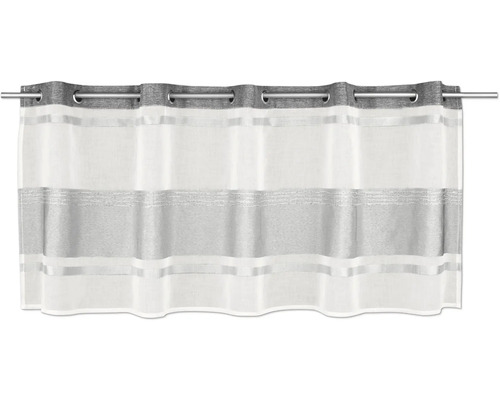 Rideau brise-bise transparent avec motif à rayures gris et blanc et œillets métalliques sur une tringle à rideau.
