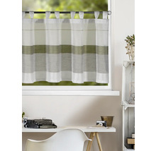 Rideau bistrot à pattes avec rayures horizontales en blanc, vert et gris devant une fenêtre au-dessus d'un bureau dans une pièce claire.