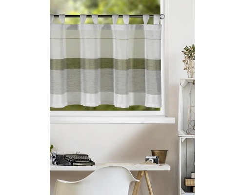 Rideau bistrot à pattes avec rayures horizontales en blanc, vert et gris devant une fenêtre au-dessus d'un bureau dans une pièce claire.