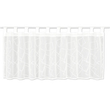 Rideau de cuisine blanc à pattes avec motif géométrique de carrés.