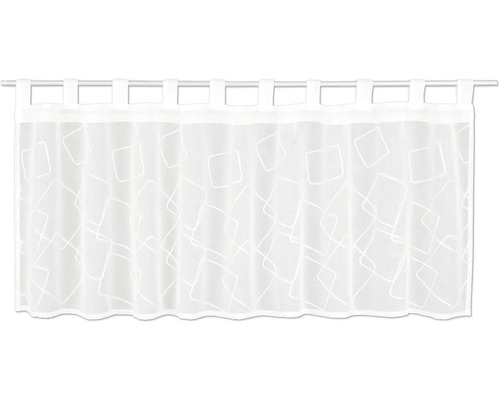 Rideau de cuisine blanc à pattes avec motif géométrique de carrés.