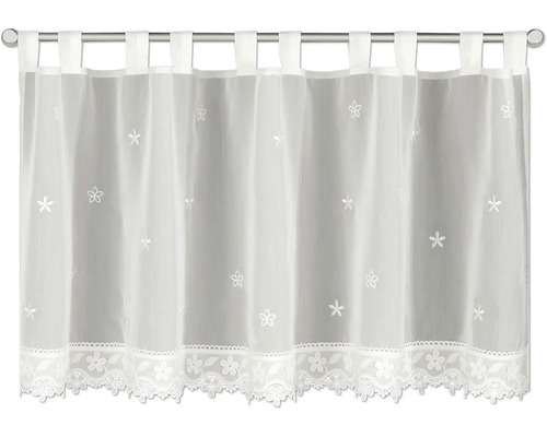 Rideau brise-bise blanc et transparent avec motifs floraux, fixation par passants et bordure décorative en dentelle.