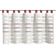 Rideau à pattes avec rayures horizontales blanches et rouges, tissu semi-transparent.