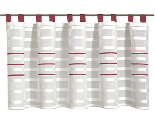 Rideau à pattes avec rayures horizontales blanches et rouges, tissu semi-transparent.