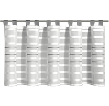 Rideau à pattes blanc et gris avec rayures horizontales sur une tringle.
