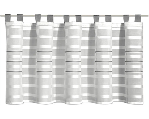 Rideau à pattes blanc et gris avec rayures horizontales sur une tringle.