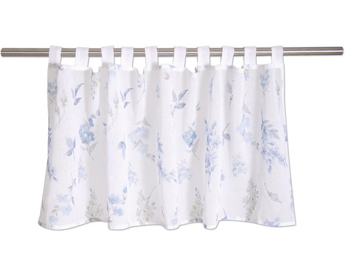 Brise-bise à pattes en tissu translucide avec motif floral bleu sur une tringle à rideau.