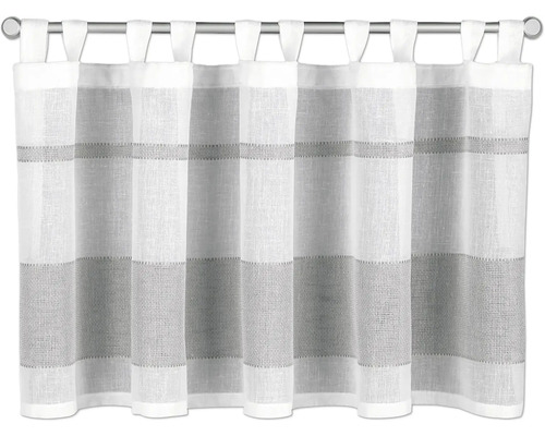 Rideau de bistrot transparent à boucles avec des rayures horizontales grises sur une tringle à rideau.