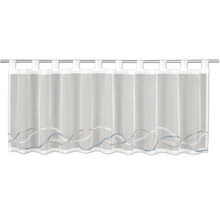 Rideau de bistrot blanc transparent avec passants et motif à vagues sur le bord inférieur.