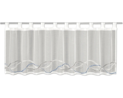 Rideau de bistrot blanc transparent avec passants et motif à vagues sur le bord inférieur.