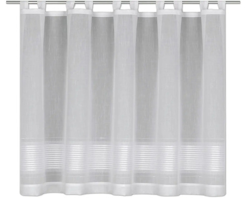 Rideau à pattes blanc transparent avec des rayures horizontales sur le bord inférieur.