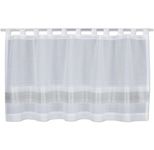 Rideau bistrot semi-transparent blanc avec pattes et motif à rayures horizontales discret sur le bord inférieur.