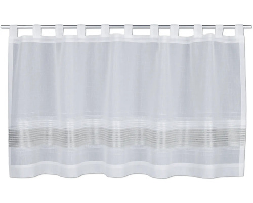 Rideau bistrot semi-transparent blanc avec pattes et motif à rayures horizontales discret sur le bord inférieur.