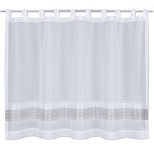 Rideau vitrage blanc transparent avec pattes et rayures horizontales dans le bas.