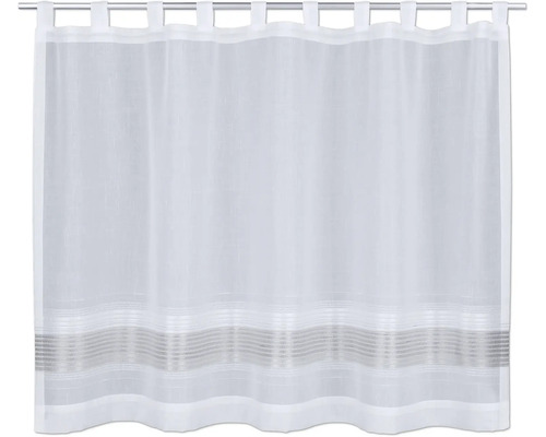 Rideau vitrage blanc transparent avec pattes et rayures horizontales dans le bas.