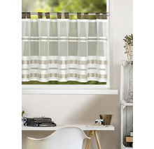 Rideau brise-bise semi-transparent à passants avec motif géométrique au-dessus d'un bureau dans une pièce lumineuse.