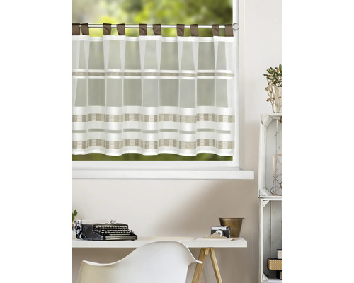 Rideau brise-bise semi-transparent à passants avec motif géométrique au-dessus d'un bureau dans une pièce lumineuse.