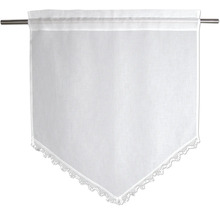 Brise-bise blanc avec bordure en dentelle et forme pointue sur une tringle à rideau.