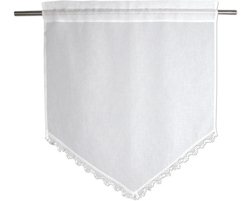 Brise-bise blanc avec bordure en dentelle et forme pointue sur une tringle à rideau.