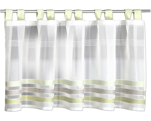 Rideau brise-bise transparent avec pattes et rayures horizontales.