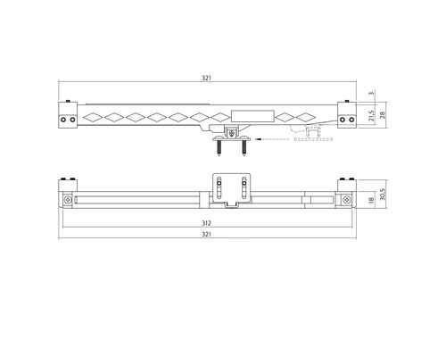 Technische Zeichnung eines Fensterbeschlags mit Maßangaben.