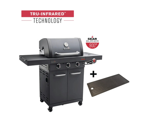 Barbecue à gaz Char-Broil 3 brûleurs mat noir av. tablette, thermomètre de couvercle, plancha en fonte émaillée, lèchefrite, grille, table latérale rabattable, tablette latérale, grille de maintien en température grille Gril à gaz Char-Broil avec technologie Tru-Infrared et plaque en fonte