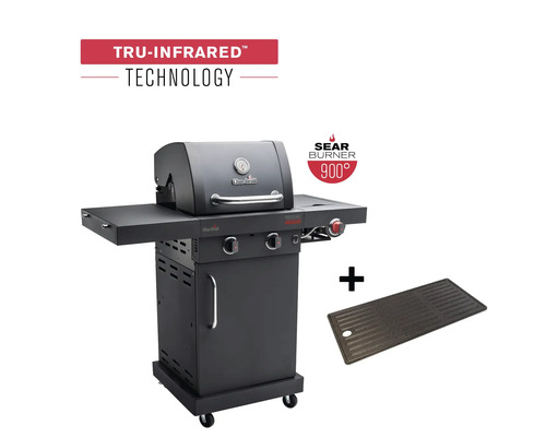 Barbecue à gaz Char-Broil 2 brûleurs mat noir av. tablette, thermomètre de couvercle, plancha en fonte émaillée, lèchefrite, grille, table latérale rabattable, tablette latérale, grille de maintien en température grille Gril à gaz avec technologie Tru-Infrared et Sear Burner ainsi qu''une plaque de gril
