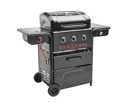 Barbecue à gaz et à charbon de bois avec tablettes latérales et roulettes