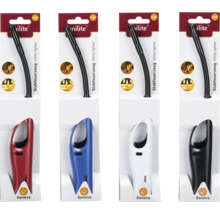 Mehrere Stabfeuerzeuge mit flexiblen Hälsen in Rot, Blau, Weiß und Schwarz in Verpackung