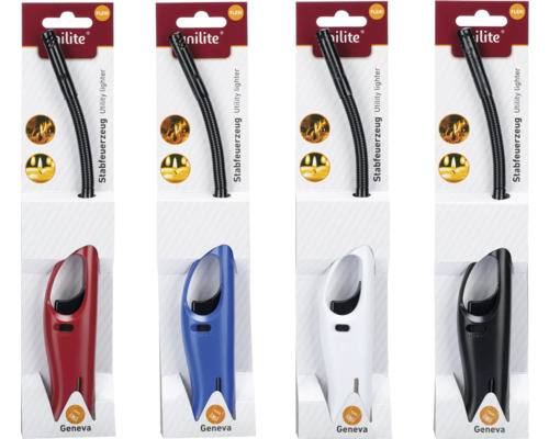 Mehrere Stabfeuerzeuge mit flexiblen Hälsen in Rot, Blau, Weiß und Schwarz in Verpackung