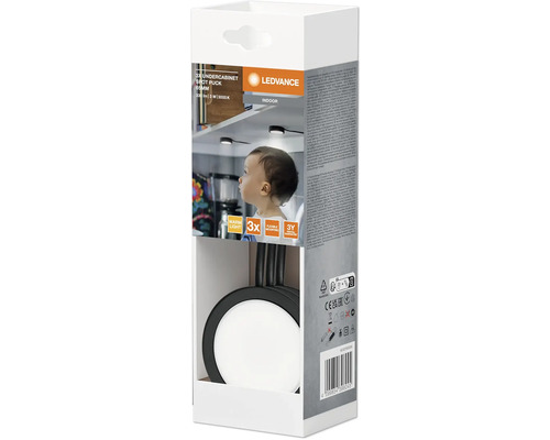 Ledvance Unterbauleuchte mit drei LED Spots, 65 Millimeter, 330 Lumen, 3 Watt, 3000 Kelvin, geeignet für Innenräume, Verpackungsansicht